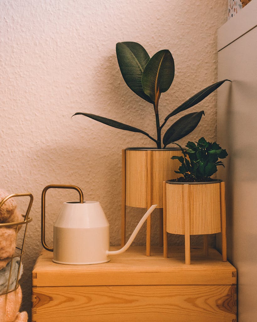 Warm and cozy Scandinavian interior with wooden planters and a watering can.